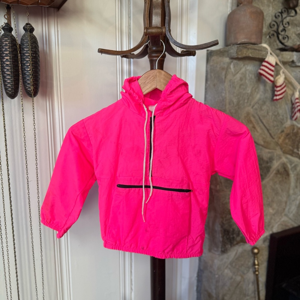 Vintage 90s Neon Pink Pullover Windbreaker Hooded Jacket kids 4